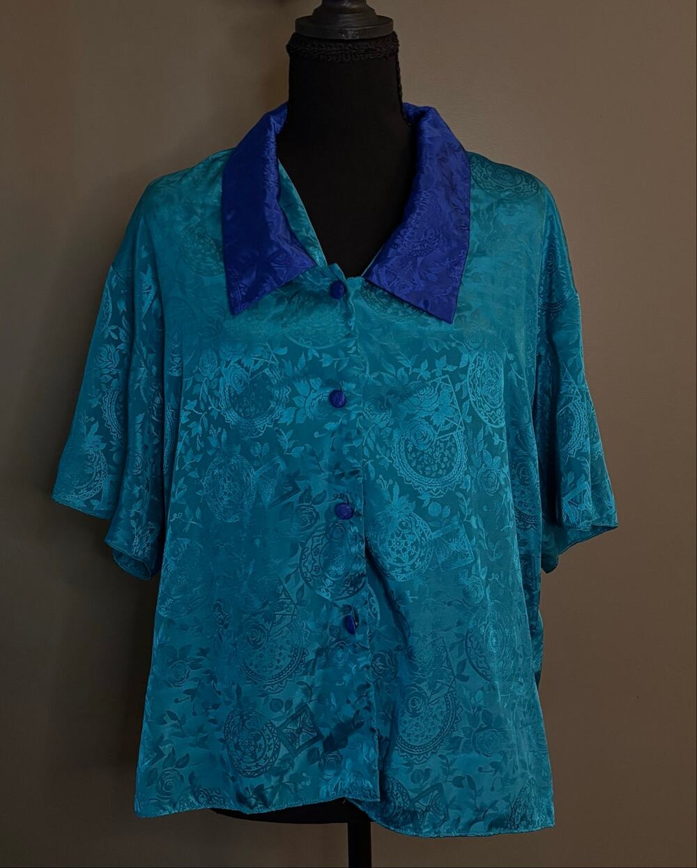Vintage 80s Victoria's Secret Gold Label Teal Blue Jacquard Satin Pajama Top
